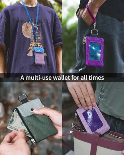 Artpaxy Minimalist Wallet For Mens Womens, Keychain RFID Blocking Zipper Small Wallet with ID Window 2 Lanyards,Water Resistant Travel Cash Card Coin Case Boys Girls - color: Dark blue+Dark pink