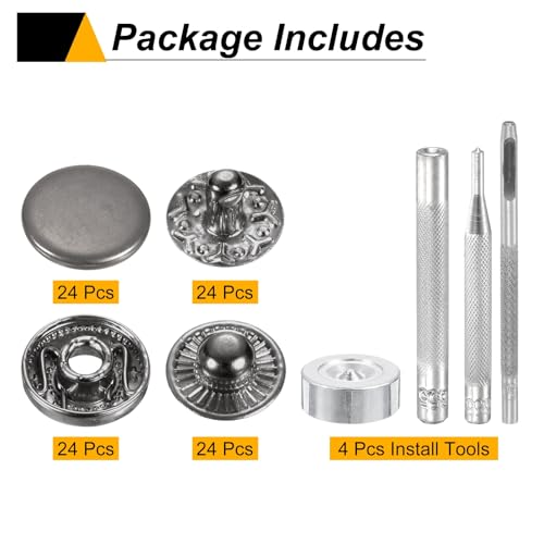 HARFINGTON 24Set Leather Snaps Fasteners Kit 10mm Dia Brass Press-Stud Cap Button 2.72" Length Metal Snap Buttons with 4 Install Tools for Coat Bag Leather Marine Boat Canvas, Gun - color: Gun