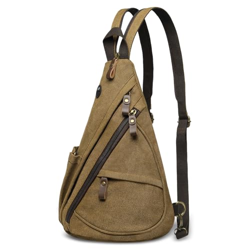 Canvas Sling Bag with Leather Zipper 3-in-1 Crossbody Backpack | Vintage Canvas Sling Bag for Women Men Convertible Cross Body Bag Multiple Zipper Pockets for Travel Daily Use - color: Coffee