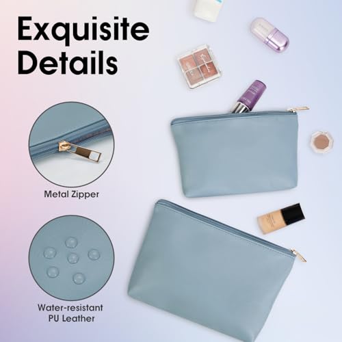 Wandering Nature Makeup Bag Small Cosmetic Bag for Purse 2 Pack Small Make Up Pouch Vegan Leather Cute Travel Pouch with Zipper for Women, Blue - color: Blue1