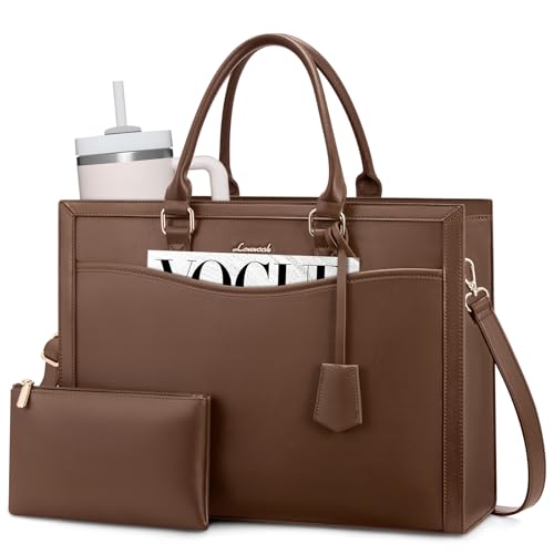 LOVEVOOK Laptop Tote Bag for Women, Large Work Computer Bag with Cup Holder - color: Leather/Brown Coffee, size: 17.3 Inch