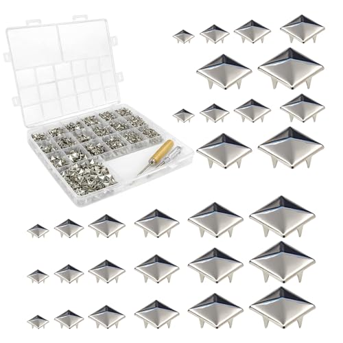 1220PCS Assorted Sizes Pyramid Studs for Clothing,Silver Square Studs and Spikes with Awl and Screwdriver, Metal Studs for Punk Rock Jewelry Crafts, Clothes, Leather, and Accessories - size: 1220PCS