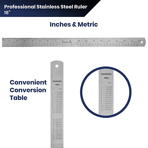 Pacific Arc 18 Inch Stainless Steel Ruler with Inch/Metric Conversion Table - style: 18 In
