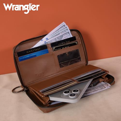Wrangler Womens Wallet Wristlet Long Purse Designer Clutch Large Capacity Credit Card Holder for Women Men - color: B-Brown