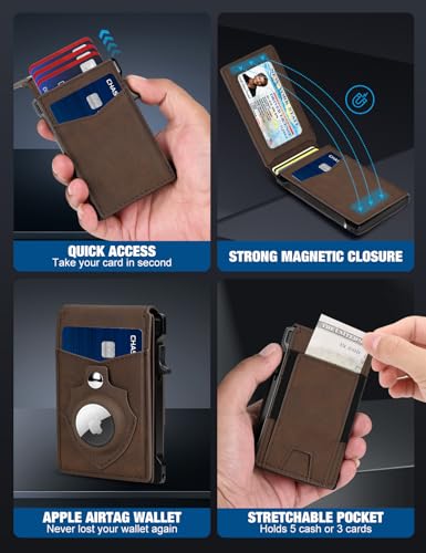 Airtag Wallet for Men, Mens Smart Wallet for Air Tag RFID Blocking, Minimalist Bifold Pop Up Aluminum Credit Card Case Holder 9-13 Cards with ID Window & Stretchable Cash Slot, No Airtag Included - color: Brown