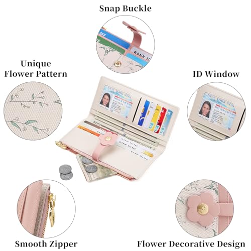 GAEKEAO Womens Wallet Slim Thin RFID Blocking Bifold Floral Vegan Leather Card Holder Large Capacity Wallet with Zipper Pocket - color: Y-Pink