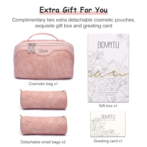 BOYATU Travel Makeup Bags Cosmetic Organizer Bag: 3-Set Make up Bag | Large Capacity PU Leather Toiletry Bags for Women - Wide Open Portable Pouch with Divider & Handle(01-Z-Pink) - color: 01-Z-Pink