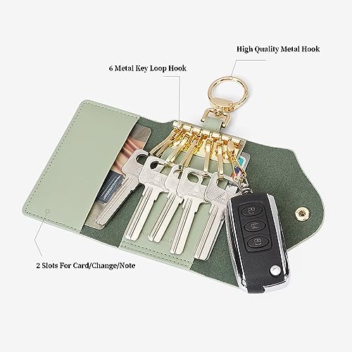 GOLF SUPAGS Women PVC Leather Car Key Chain Card Holder Wallet Pouch 6 Hook Snap Closure keys Money Organizer Case | Card Holder - color: Bean Green×Ash Green, style-2
