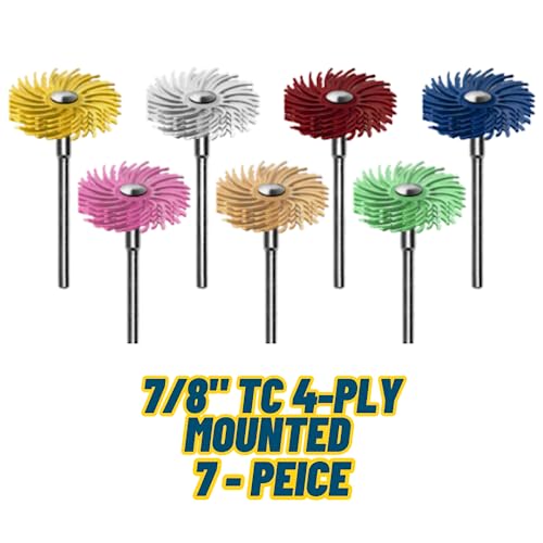Dedeco Sunburst - 7/8 Inch TC 4-PLY Radial Bristle Discs - Precision Thermoplastic Rotary Cleaning and Polishing Tool Set, Assorted: 1 of Each 7 Grit Textures 3/32 Inch (2.35mm) Shanks (7 Piece)