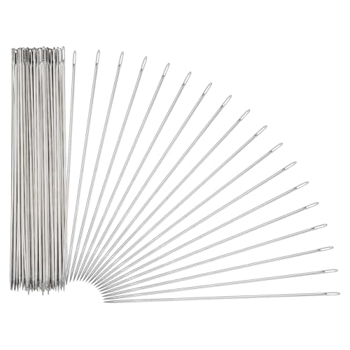 HARFINGTON 100 Pcs Sewing Needles 0.07 x 6 Inch Stainless Steel Big Eye Embroidery Thread Beading Leather Needle Upholstery Hand Sewing Awl for Art Craft Stitching Home Repair, Silver - size: 0.07 x 6 Inch