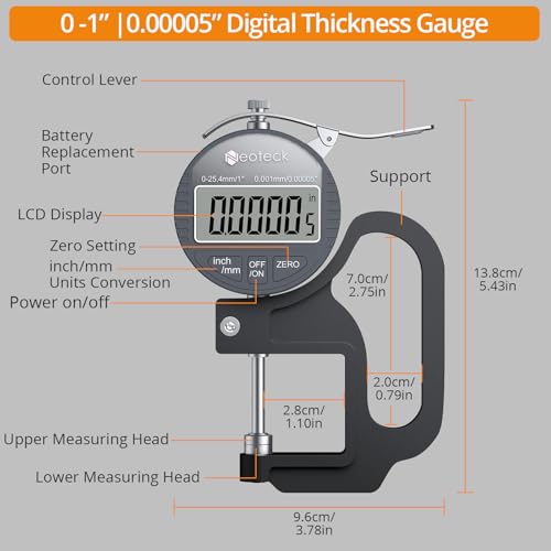 Neoteck Digital Thickness Gauge 1inch/25.4mm,0.00005inch/0.001mm Accuracy | with LCD Display, Inch/MM Conversion ,One-Hand Quick Press Thickness Measuring Tool for Leather Paper Fabric Film -Grey - color: Silver-grey, size: 0-1"/0.00005"