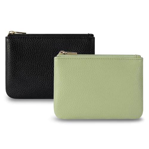Chelmon PU Leather Coin Purse Pouch Change Holder Small With Zipper for Men Women 2 PCS Set (Black&Light Green) - color: Black&Light Green