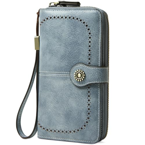 TFKGS Wallet for Women RFID Blocking Leather Large Capacity Card Holder Ladies Phone Clutch Travel Long Purse Wristlet | RFID Blocking - color: 1-Blue