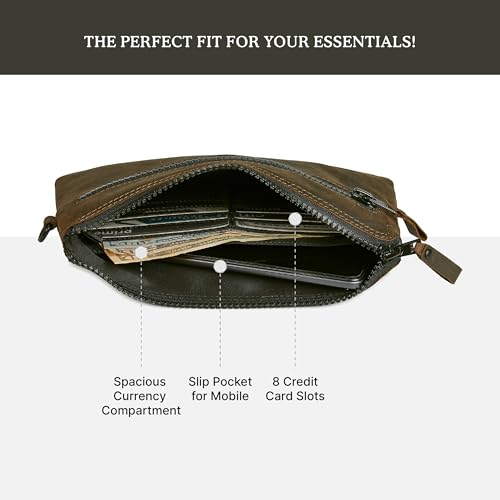 Leather Wristlet Wallet for Women Clutch Handbag Purse with Cell Phone Slot | Genuine Top Grain Leather, 8 Credit Card Slots, Detachable Strap, YKK Zipper, Gifts for Women - color: Coffee Crazy Horse