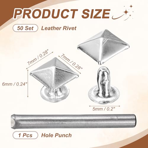 HARFINGTON 50pcs Pyramid Rapid Rivet 7mm Leather Rivets Rapid Punk Spikes Leathercraft Decoration with Hole Punch for Rock Nailheads Clothing Belts Bags Shoes, Silver - color: Silver, size: 7mm