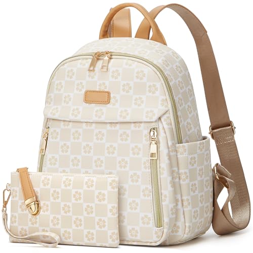 Makes Mini Backpack for Women, Small Casual Backpacks Daily Travel Bag 2pcs | Small Bookbag,Work Travel School PU Leather Shoulder Bag Mochilas Para Mujer Rucksack Gifts for Lady Girls Mother Wife - color: Checkered Beige
