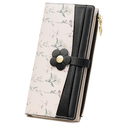 GAEKEAO Womens Wallet Slim Thin RFID Blocking Bifold Floral Vegan Leather Card Holder Large Capacity Wallet with Zipper Pocket - color: Y-Black