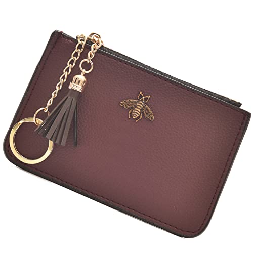 Coin Purse Change Wallet Pouch Leather Card Holder with Key Chain Tassel Zip(Burgundy) - color: Burgundy