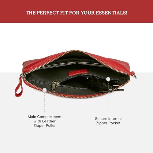 Leather Wristlet Wallet for Women Clutch Handbag Purse with Cell Phone Slot | Genuine Top Grain Leather, 8 Credit Card Slots, Detachable Strap, YKK Zipper, Gifts for Women - color: Red Nappa