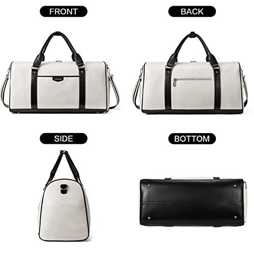 BOSTANTEN Weekender Bags for Women Leather Duffle Large Travel Bag Carry On Duffel with Shoe Compartment | Laptop& Shoe Compartment, Trolley Sleeve, Fits Under-seat, Airline-Friendly Carry-on Size, Weekend Getaways, Travel, Business - color: White & Black
