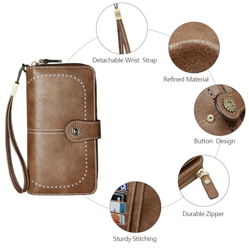TFKGS Wallet for Women RFID Blocking Leather Large Capacity Card Holder Ladies Phone Clutch Travel Long Purse Wristlet | RFID Blocking - color: 1-Brown