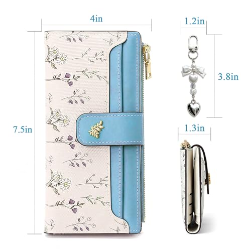 Women's Bifold Long Wallet, Slim & Thin RFID Blocking Floral Vegan Leather Card Holder with Bow Keychain (Blue) - color: Blue