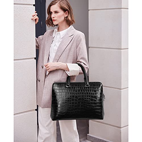 BOSTANTEN Briefcase for Women Leather 15.6 inch Laptop Shoulder Bag Office Work Crossbody Handbag - color: E-crocodile Pattern Black