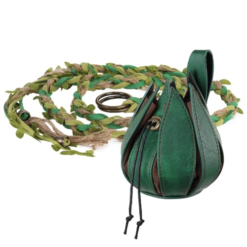 HiiFeuer Boho Leaf Twine Belt Renaissance Leaf Purse,Bagladybug Decor Dice Bag Elven Accessories for LARP Ren Faire Halloween(Green C) - color: Green C