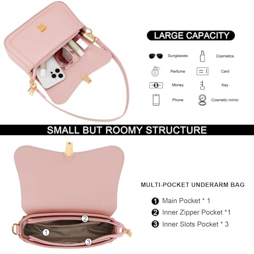 KKXIU Small Shoulder Bag for Women Cute Hobo Handbags Mini Clutch Purses | Classic Trendy Retro Underarm Crossbody Bag with Detachable Straps, Zipper Closure - color: Pink