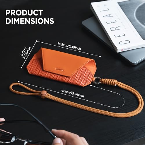 VULKIT Portable Leather Eye Glasses Case for Women & Men, Slim Sunglass Case, Unisex Eyeglass Case - color: Tangerine Rush With Lanyard