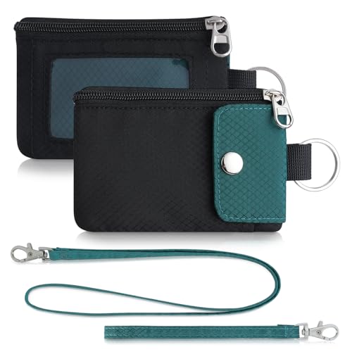 Artpaxy Minimalist Wallet For Mens Womens, Keychain RFID Blocking Zipper Small Wallet with ID Window 2 Lanyards,Water Resistant Travel Cash Card Coin Case Boys Girls - color: Green Black