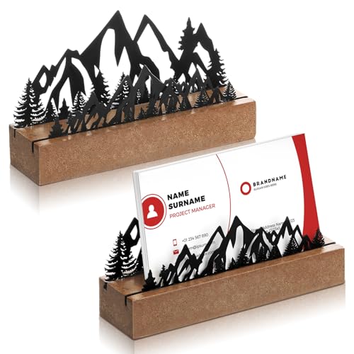 CroBlissful 2 Pcs Mountain Business Card Holders for Desk, Wood&Metal Black Mountain Range Forest Silhouette Business Card Display Stand for Home Office - size: Wood, style: Mountain