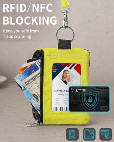 Artpaxy Minimalist Wallet For Mens Womens, Keychain RFID Blocking Zipper Small Wallet with ID Window 2 Lanyards,Water Resistant Travel Cash Card Coin Case Boys Girls - color: Pink+Light yellow