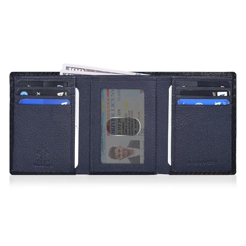 Trifold Leather Wallet for Men - RFID Slim Minimalist Front Pocket 6 Slots - color: Black Carbon/Navy