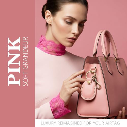 Genuine Leather Airtag Holder Compatible with Apple AirTag Keychain 2nd & 1st Gen, Handmade Air Tag Holder with Key Rings, Hidden Airtag Case Accessories - Pink - color: Pink