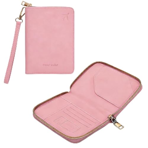Passport Holder for Travel Wallet,RFID Detachable Wrist Strap Wallet | Leather Travel Card Sleeve for Men Women - color: Pink