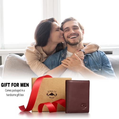 Stealth Mode Trifold Wallet for Men RFID Blocking – Genuine Napa Leather Extra Capacity Mens Wallet, 11 Card Slots, 3 ID Windows, Flip Out ID Holder, Large Tri Fold Leather Wallet for Men - Gift Ready - color: Brown