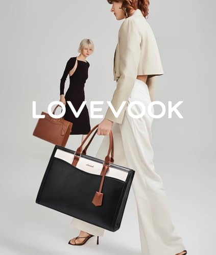 LOVEVOOK Laptop Tote Bag for Women, Large Work Computer Bag with Cup Holder - color: Black/Beige/Brown, size: 15.6 Inch