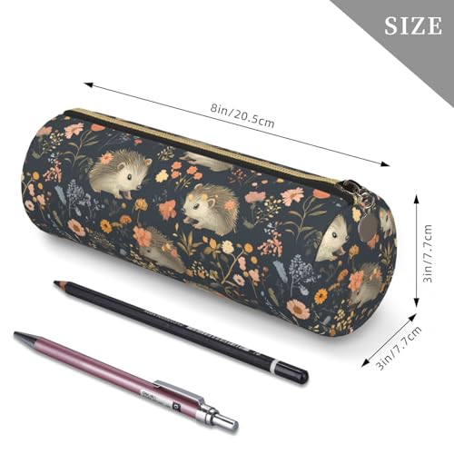 OSAM SPACE Leather Pencil Case Round Pencil Bag Hedgehogs Flowers Pumpkins Pen Organizer Holder Portable Zipper Pouch Cute School Supplies for Girls Boys Study Office - color: Hedgehogs Flowers Pumpkins