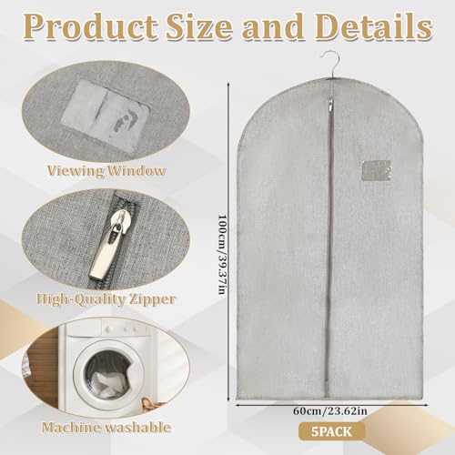 5 Packs Cotton Garment Bag for Hanging Clothes, 40" Breathable Hanging Suit Cover, Linen Garment Bags for Clothes Coats, Leather Jackets, Sweaters and Closet Storage - color: Gray