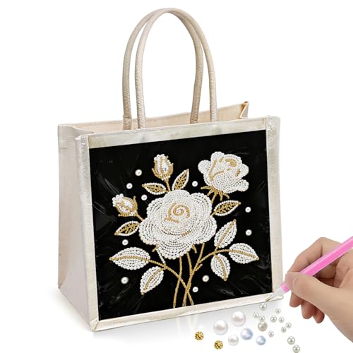 Xylzzuit DIY Pearl Painting Canvas Tote Bag Kit 11.42IN Diamond Art Handbag for Women Shopping Grocery Bag Dots Beads Art Craft Gift (Flower03) - color: Flower03