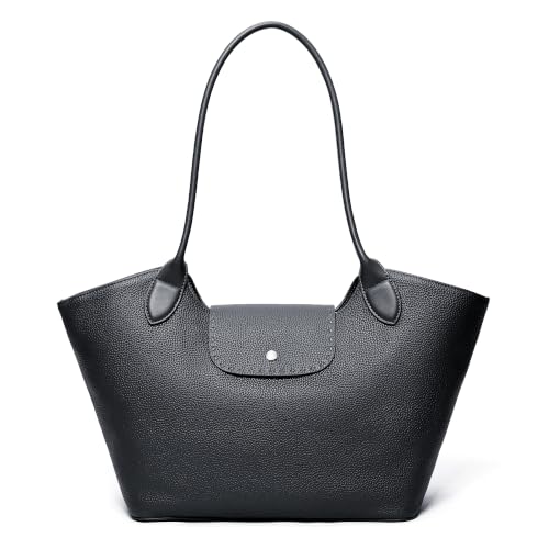 Genuine Leather Tote Bag for Women Minimalist Roomy Shoulder Purse - color: Black