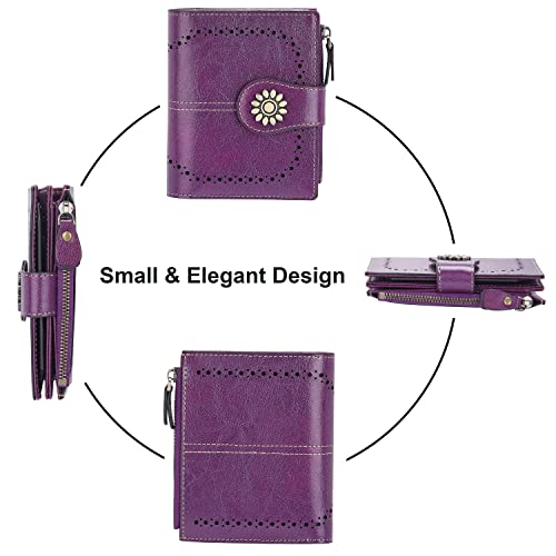 Womens Leather Wallet Small Compact RFID Blocking Credit Card Case Purse with Zipper Pocket | Small - color: Dark Purple