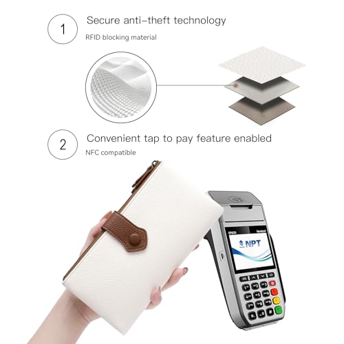 Women Soft Leather Wallets Slim Bifold RFID Blocking Ladies Credit Card Holder Double Zipper Pockets - color: B01 White and Brown
