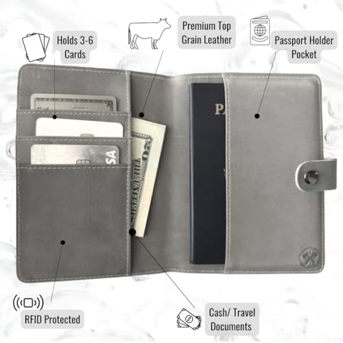 Genuine Leather AirTag Passport Holder and Wallet for Men and Women RFID Blocking for Secure Traveling and Documentation Organizer (Grey) - color: Grey