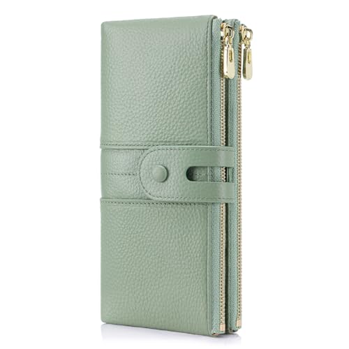 Large Capacity Wallets for Women Soft Leather RFID Blocking Long Wallet Ladies Bifold Clutch Purse Credit Card Holder with Double Zipper Pocket ID Window,Green - color: Green