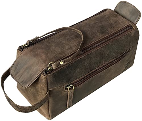 Rustic Town Leather Wash Bag for Men - Travel Toiletry Bag - Shaving Dopp Kit Toiletries Organizer - Leather Makeup Bag for Women | Main Compartment, Interior & Exterior Zip Pockets, YKK Zippers, Waterproof Lining; TSA Carry-On; Gifts for Him, Brown - col