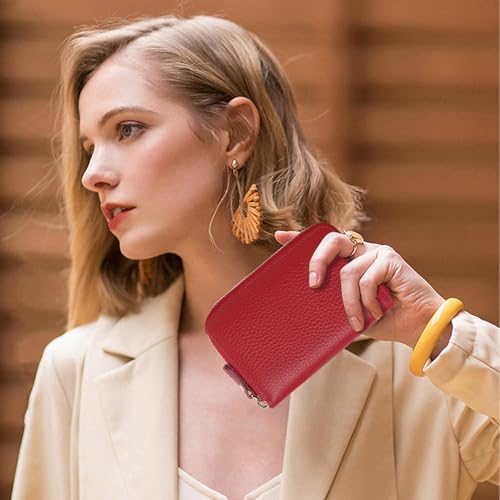 SENDEFN Leather Wallet Women RFID Blocking Small Compact Wallets Credit Card Holder with ID Window - color: A-Red