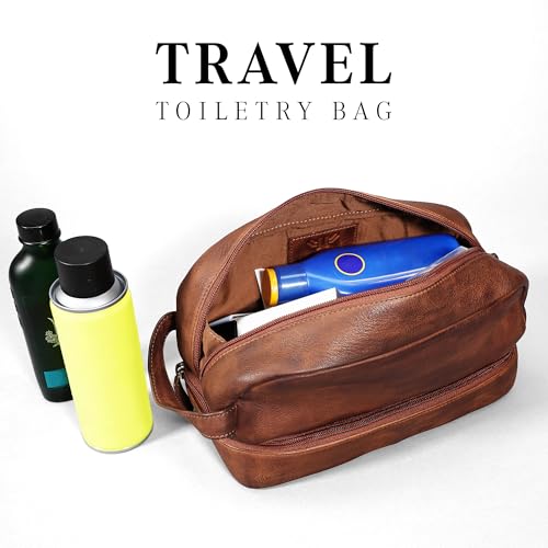 Premium Handmade Leather Toiletry Bags for Men and Women, Genuine Leather Dopp Kit and Shaving Bag for Men, Travel Cosmetic Bag for Womens and Mens, Retro - Dark Brown - color: Retro - Brown (Large)