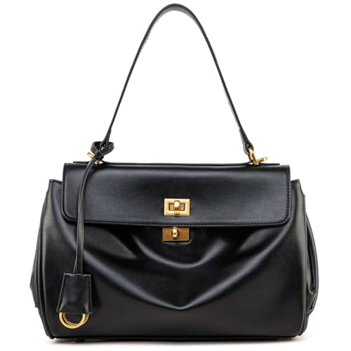 Suede & Leather Tote Bag for Women,Soft Leather Shoulder Handbags for Ladies,Satchel Purse for Travel Work - color: S Black & Gold Clasp